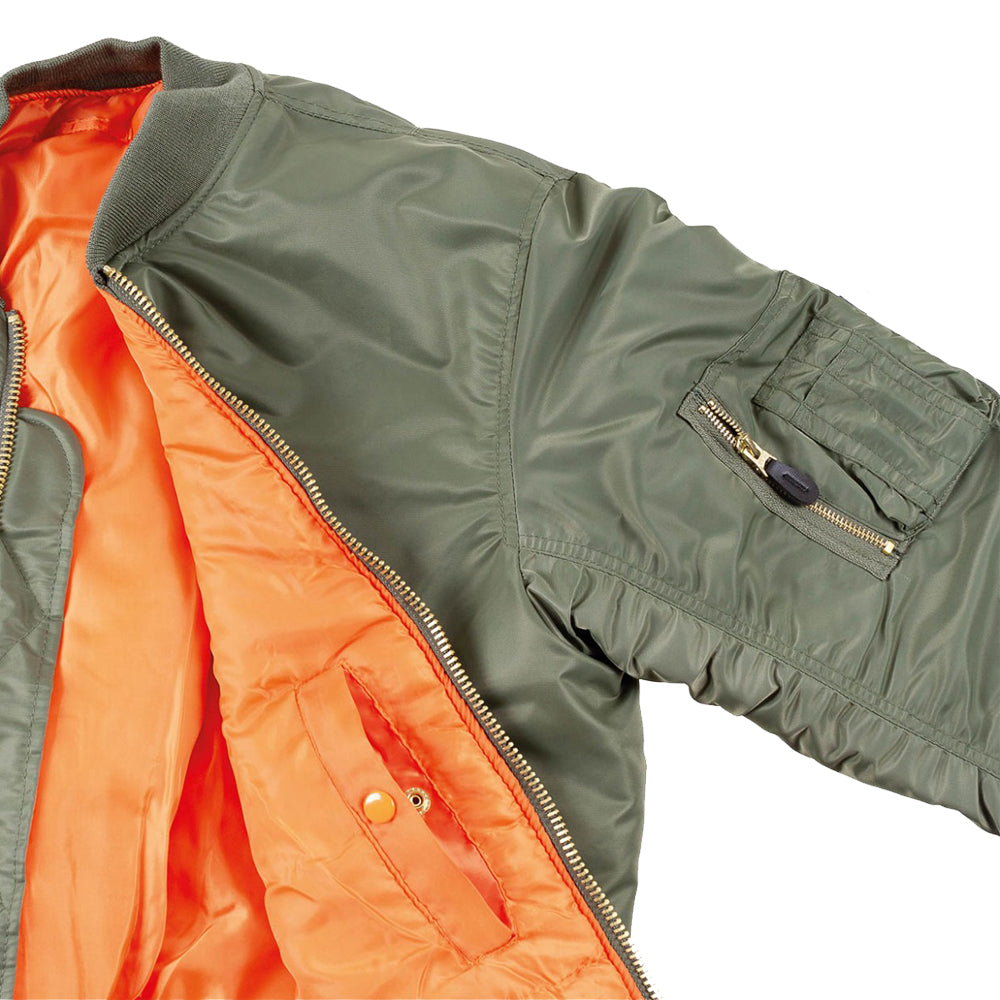 Green bomber jacket with orange clearance inside